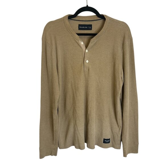 Abercrombie & Fitch Men's Tan Waffle Knit Henley Sz L Long Sleeve Buttons - Picture 1 of 5